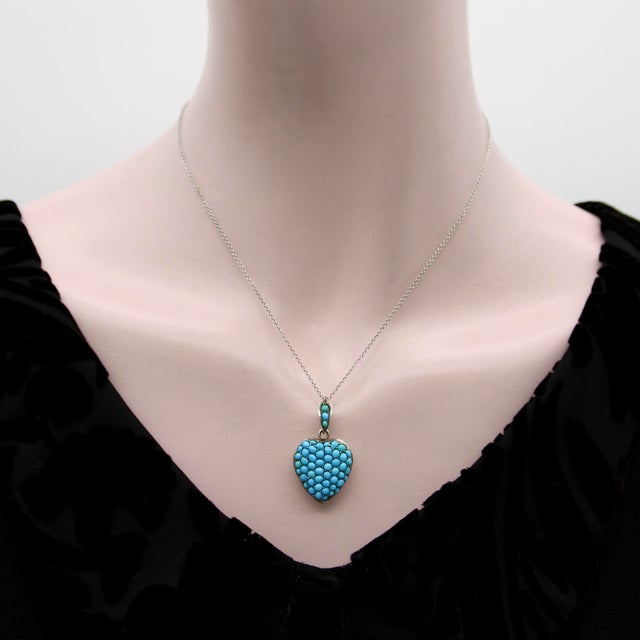Metal Late 19th Century Victorian Sterling Silver Pave Turquoise Heart-Shape Locket For Sale - Image 7 of 8