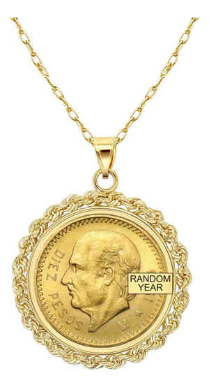 Diez Pesos Gold Coin with Rope Bezel Necklace 14k Yellow Gold 16"