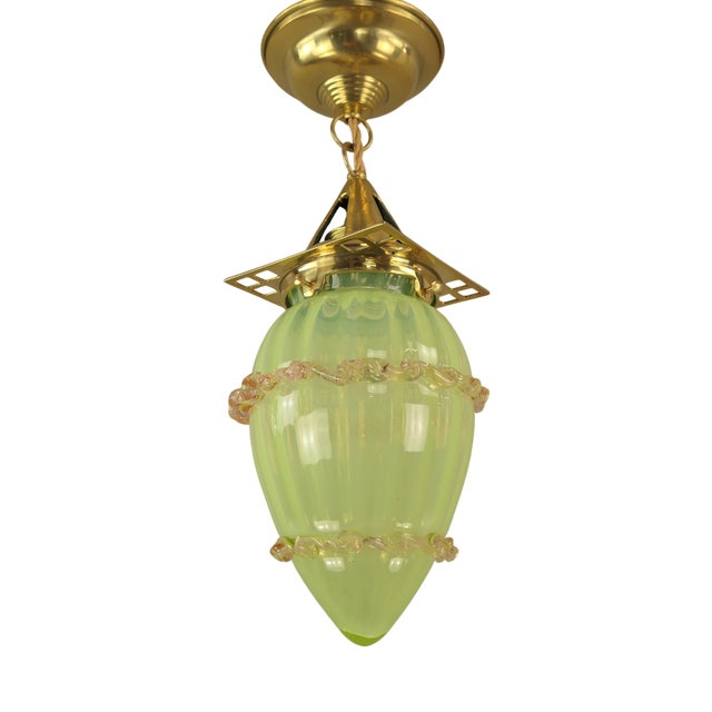 Art Nouveau Viennese Pendant Lamp with Uranium Vaseline Glass Shade, Austria, 1920s For Sale