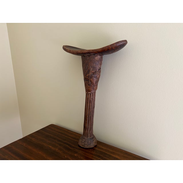 Vintage East African Carved Wood and Leather Pastoralist Headrest Stool For Sale - Image 4 of 14