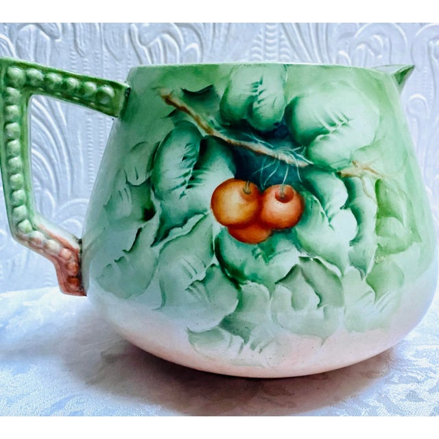 Art Nouveau 1910s Antique Hand Painted Cherries Cider Lemonade Pitcher Attributed to Limoges For Sale - Image 3 of 10