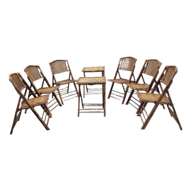 MCM British Colonial Style Bamboo Folding Chairs With 2 Side Tables For Sale