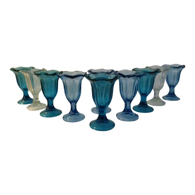 Mid-Century Anchor Hocking Blue & Clear Parfait Glasses, S/10 For Sale