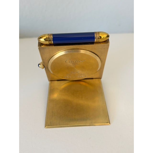 Vintage Cartier Folding Travel Desk Clock Paris Gilt-Brass and Blue Enamel 1990 For Sale - Image 14 of 18