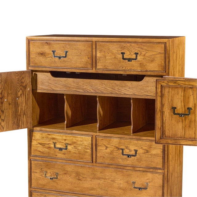 Henredon Campaign Mid Century Oak and Brass Highboy Dresser Armoire For Sale In Chicago - Image 6 of 10