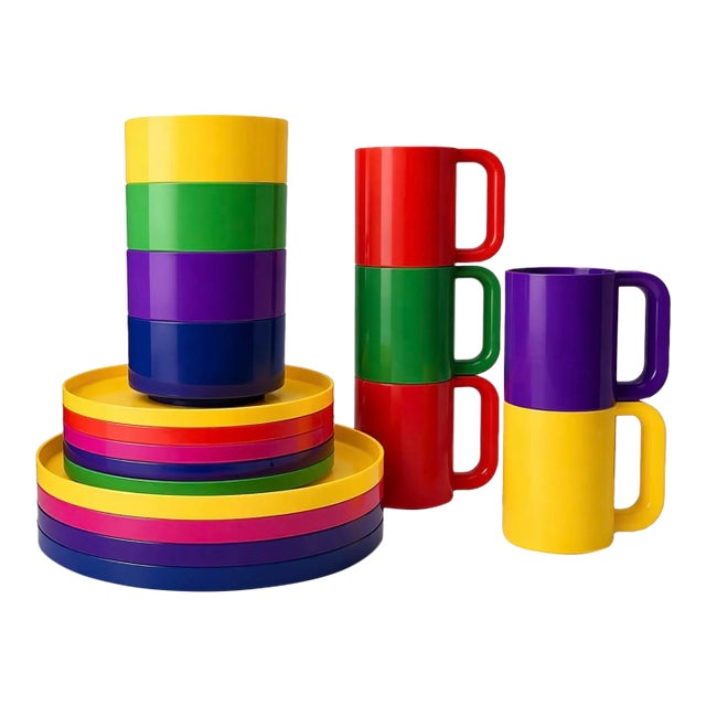 1970s Heller Massimo Postmodern Plastic Dinnerware Vignelli Rainbow Stacking Mug & Plate Set - 18pcs For Sale