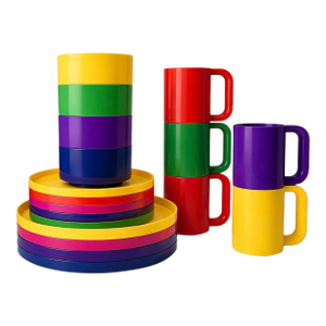 1970s Heller Massimo Postmodern Plastic Dinnerware Vignelli Rainbow Stacking Mug & Plate Set - 18pcs