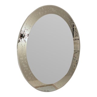 Vintage 1957 Mid-Century Venetian Art Deco Oval Wall Mirror - Frosted & Etched Floral Glass Border, Smooth Wood Backing For Sale
