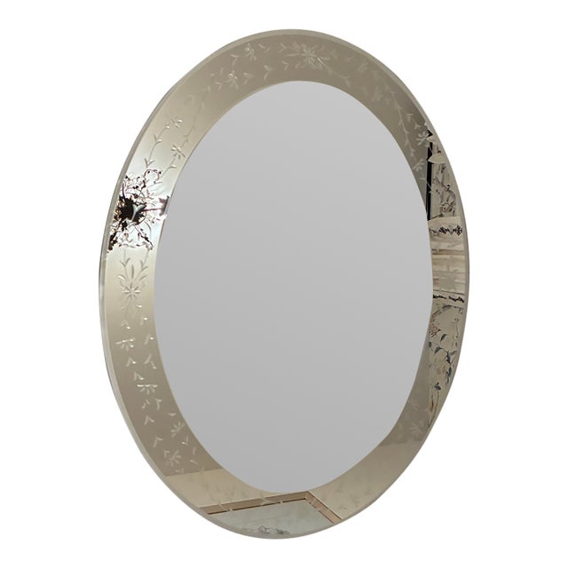 Vintage 1957 Mid-Century Venetian Art Deco Oval Wall Mirror - Frosted & Etched Floral Glass Border, Smooth Wood Backing For Sale