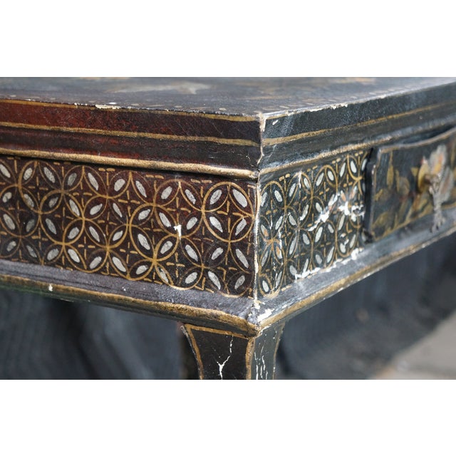 Black Vintage Chinoiserie Black Lacquered Floral Bird Writing Desk Library Table 35" For Sale - Image 8 of 18