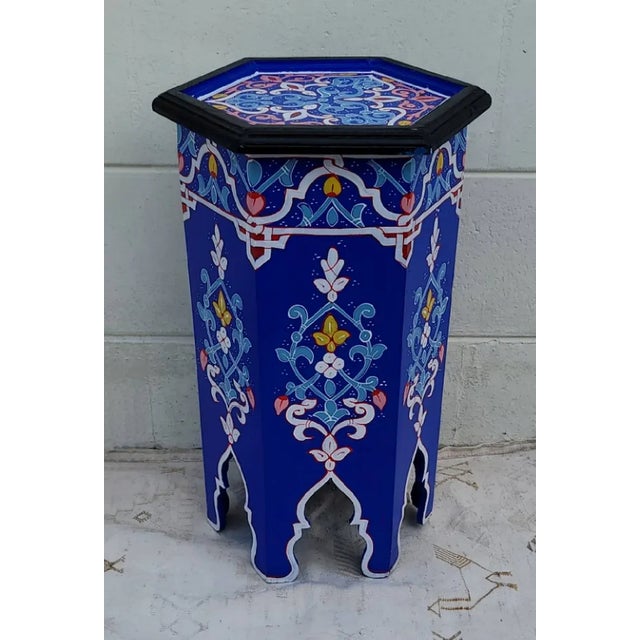 Moroccan Hexagonal Hand Painted Wooden Side Table in Blue Zouak For Sale In Orlando - Image 6 of 7