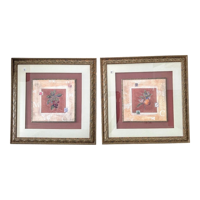 Vintage Orange and Cherry Blossom Pair of Framed Prints For Sale