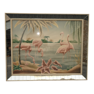 Vintage Mid Century Flamingo Lithograph Picture Print by Turner in Mirror Frame