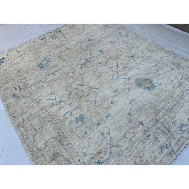 Textile Ivory and Soft Blue Oushak Wool Rug With Floral Border For Sale - Image 7 of 7
