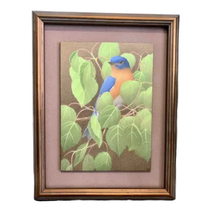 Contemporary Original Bird and Botanical Tempera Painting on Board by Gail Bunting, Framed