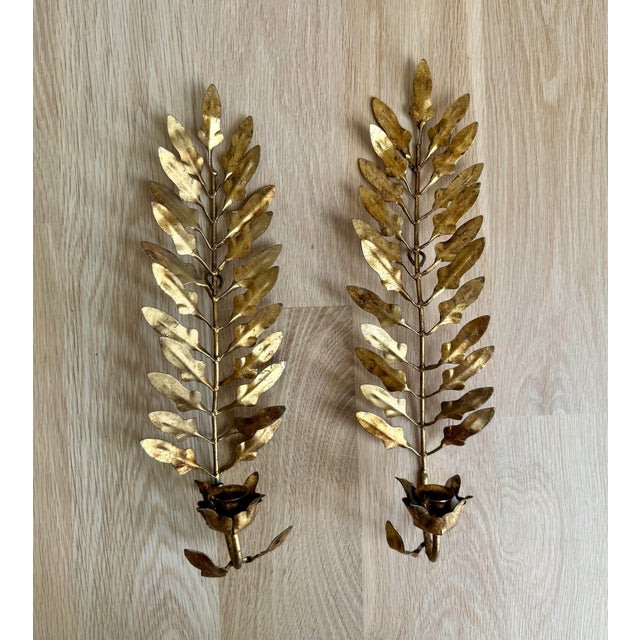 1960s Vintage Italian Gilt Tole Oak Leaf Wall Candle Sconces, Pair For Sale - Image 5 of 5