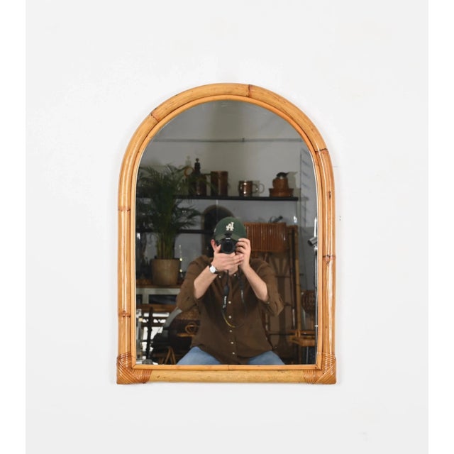 Mid-Century Arch Mirror with Double Bamboo Frame and Rattan Wicker, Italy, 1970s For Sale - Image 11 of 13
