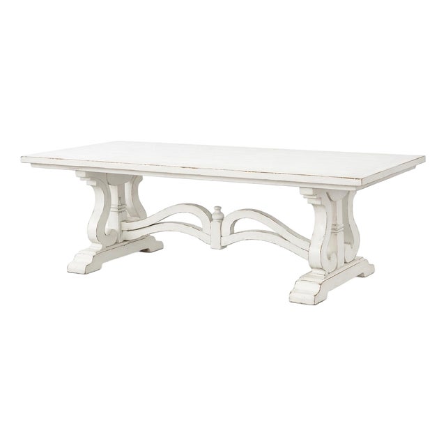 Habersham Antiqued White Trestle Dining Table With Scrollwork Base For Sale