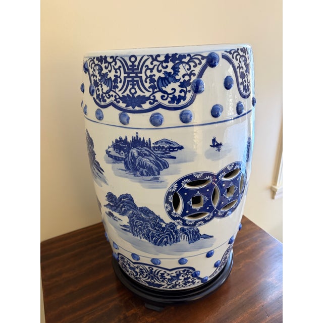 Late 20th Century Chinoiserie Blue and White Porcelain Garden Stool or Side Table on Wooden Stand For Sale - Image 4 of 12