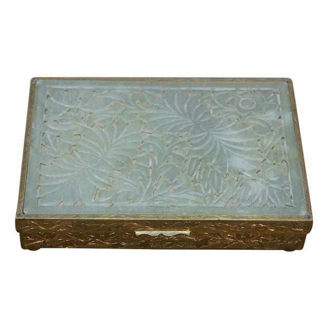 Mid Century Chinese Brass & Jade Divided Keepsake Trinket Cigarette Box 6" For Sale