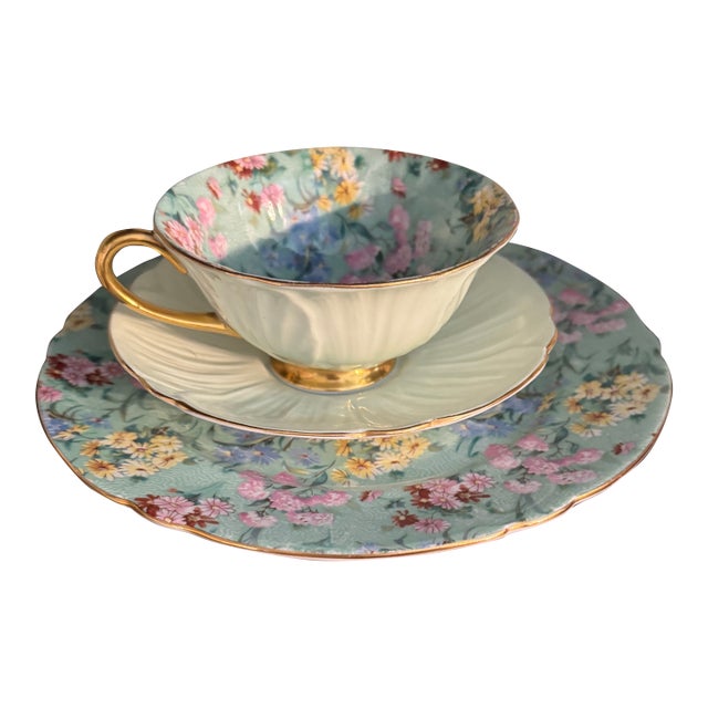 Shelley Oleander Melody Trio Bone China Tea Cup Saucer & Plate Three Piece Set For Sale