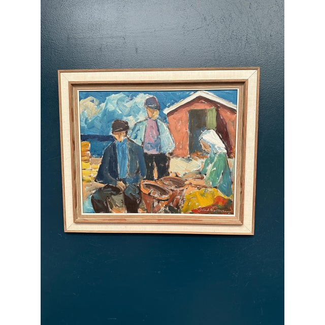 Svend Nielsen, Figures at the Fish Shed, 1950s, Oil on Canvas, Framed For Sale - Image 12 of 16