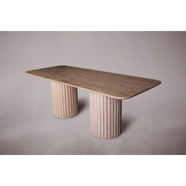 Elevate your dining experience with our exquisite Travertine Dining Table featuring cylindrical legs and vertical stone...