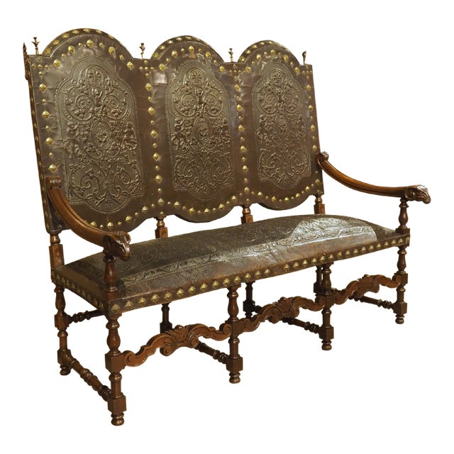 Antique Spanish Walnut and Embossed Leather Bench With Rams’ Heads, 19th Century For Sale
