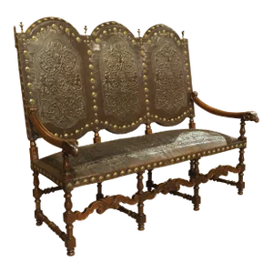 Antique Spanish Walnut and Embossed Leather Bench With Rams’ Heads, 19th Century