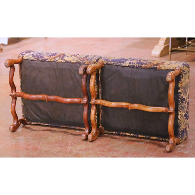 Green Pair of 19th Century French Louis XIII Walnut Stools With Tapestry Upholstery For Sale - Image 8 of 8