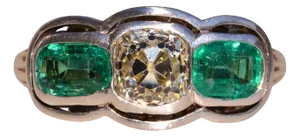 The 56th Street: Antique Platinum Topped Engagement Ring with Old Mine Cushion Cut Natural Diamond and Colombian Emeralds