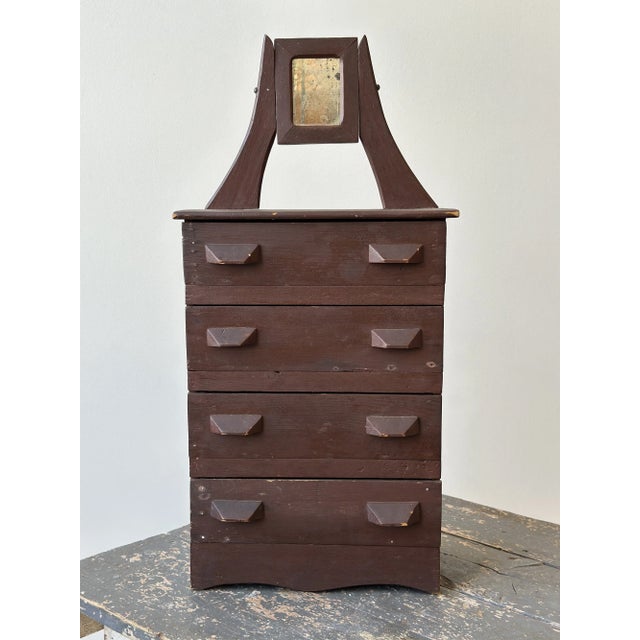 Brown Antique Folk Art Miniature Chest of Drawers With Diminutive Mirror, Circa Early 20th Century For Sale - Image 8 of 18