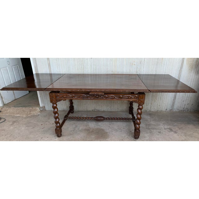 19th Spanish Baroque Walnut Solomonic Legs Extendable Table With Carved Frame For Sale - Image 9 of 13