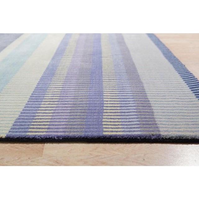 10x14 Blue Hand-Knotted Wool Striated Bands Geometric Modern Carpet Rug For Sale In New York - Image 6 of 9