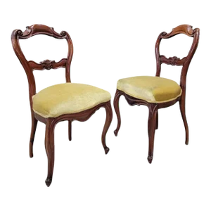 Antique French Victorian Carved Mahogany Accent Side Chairs - Pair