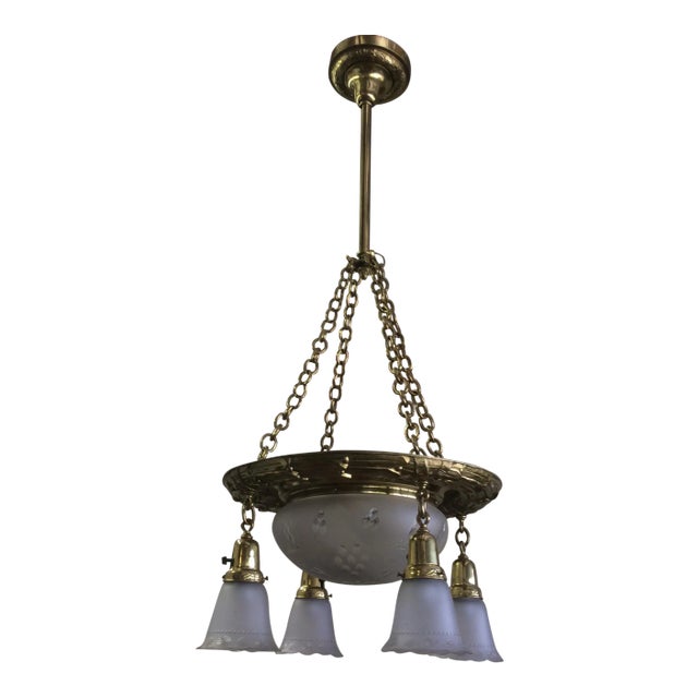 Victorian Brass and Frosted Cut Crystal Chandelier For Sale