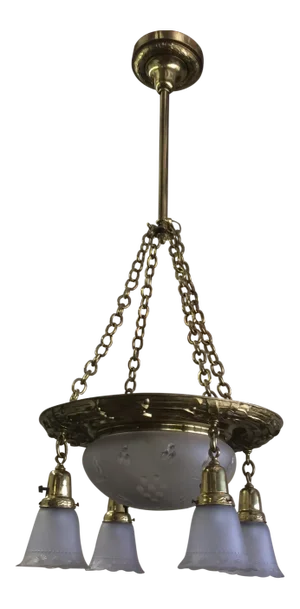 Victorian Brass and Frosted Cut Crystal Chandelier