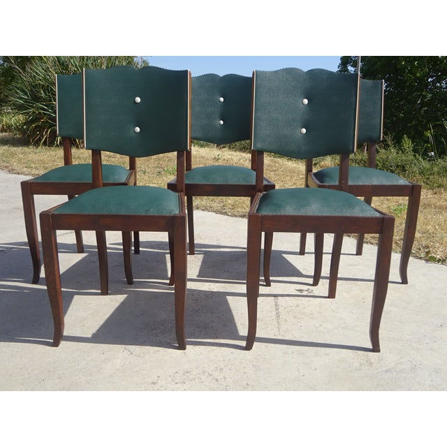 Art Deco Chairs in Wood and Green Faux Leather, 1940s, Set of 6 For Sale - Image 14 of 18