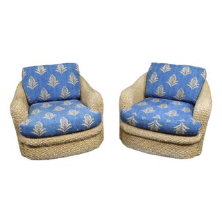 Pair of Custom Wicker Swivel Lounge Chairs Attributed to Century Furniture, 1980s For Sale