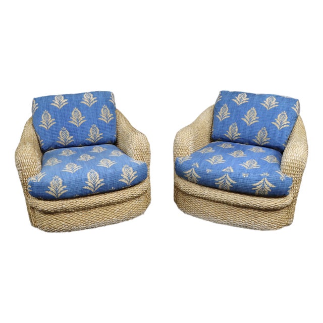 Pair of Custom Wicker Swivel Lounge Chairs Attributed to Century Furniture, 1980s For Sale