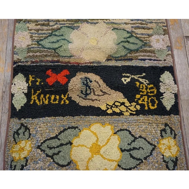 1940s 1940s Multicolor Pictorial Floral Folk Art Antique American Hooked Rug 2' 6''x12' 2'' Wool Runner Carpet For Sale - Image 5 of 11