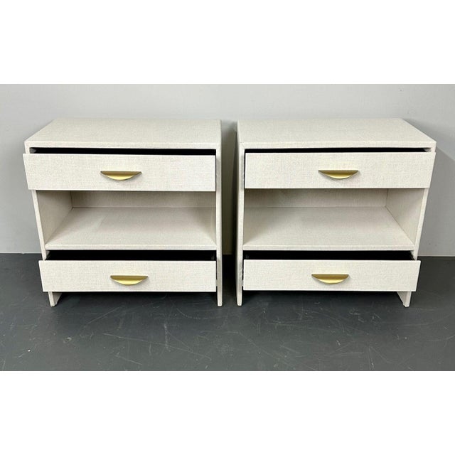 Pair Custom Linen Wrapped Open Commodes, Chests, Nightstands, White, American For Sale - Image 13 of 18