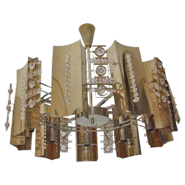 Brass & Cystal Glass Chandelier, 1970s For Sale