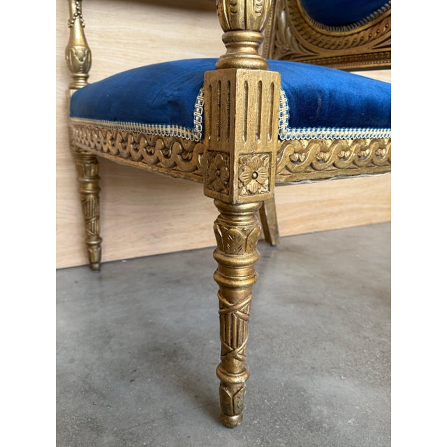 Mid 20th Century Mid 20th Century Pair of Louis XVI Style Giltwood Armchairs with Blue Klein Velvet For Sale - Image 5 of 18