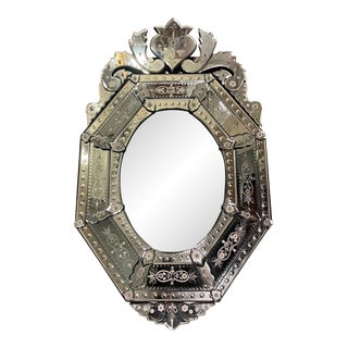 1930s Antique Venetian Glass Octagonal Shaped Mirror With Etched Floral Details For Sale