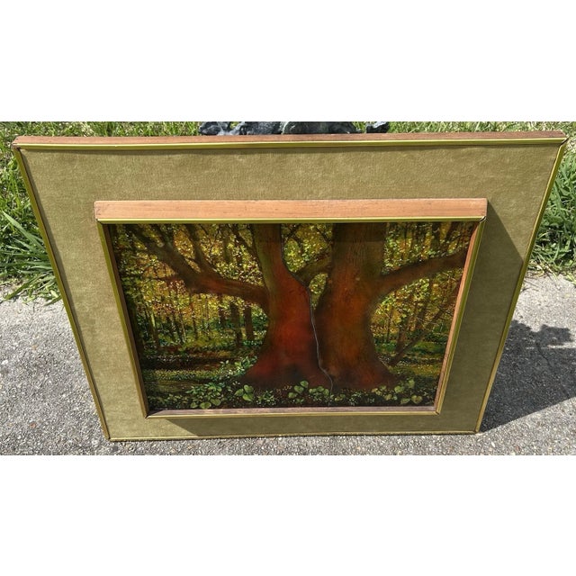This is a Helen Trivigno (1920-1985) - Forest Scene: Summer Framed Enamel on Copper Art (New Orleans, 1960's). It measures...