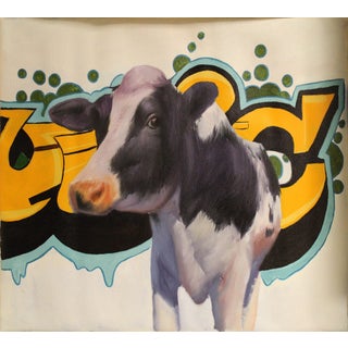 Vaca by Ali Ghassan | Oil Painting of a cow with graffiti background For Sale