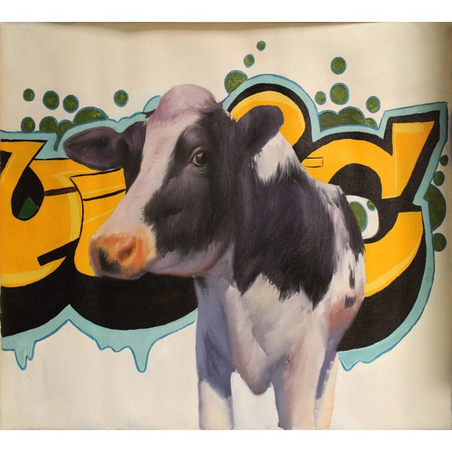 Vaca by Ali Ghassan | Oil Painting of a cow with graffiti background For Sale