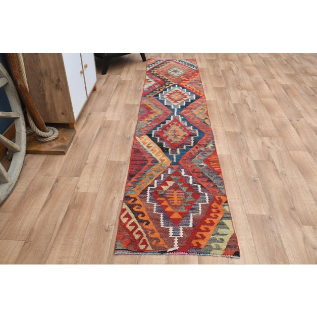 1970s Colorful Orange Turkish Vintage Oushak Handmade Wool Runner Rug For Sale - Image 5 of 11