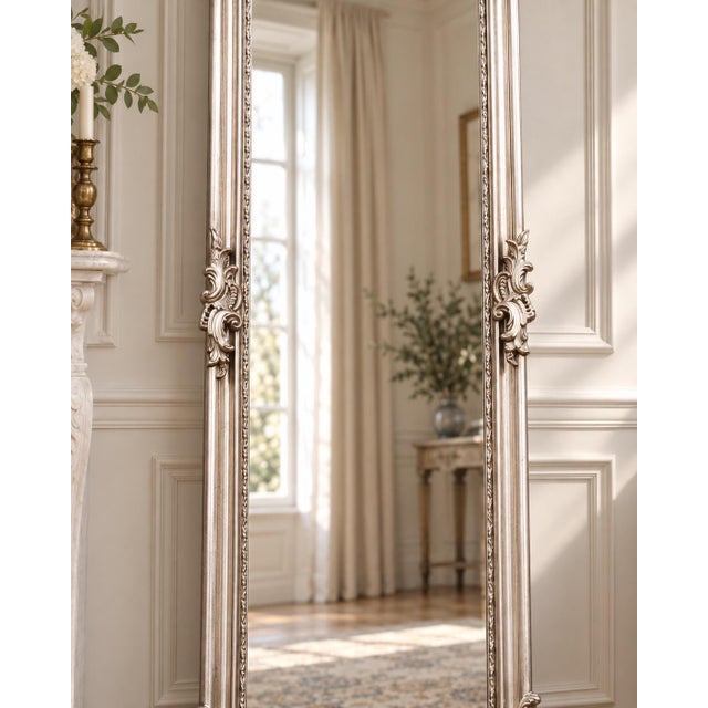 1980 European Artisan Baroque Silver Wood Floor Mirror For Sale - Image 16 of 18